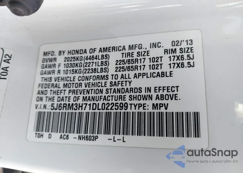 2013 Honda Cr-V Ex-L from USA, damaged, VIN 5J6RM3H71DL022599